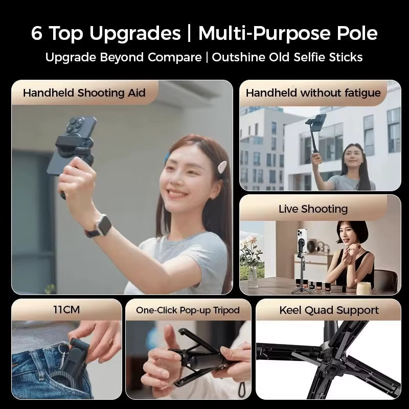 Multifunctional 4-In-1 Magnetic Mini Selfie Stick with 360° Rotation and Wireless Bluetooth Control