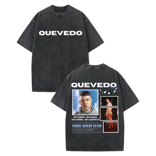 Vintage Washed Rapper Quevedo Album Merch T Shirt Fashion Hip Hop Short Sleeve T-Shirts Men Women Casual Loose Cotton T-Shirt