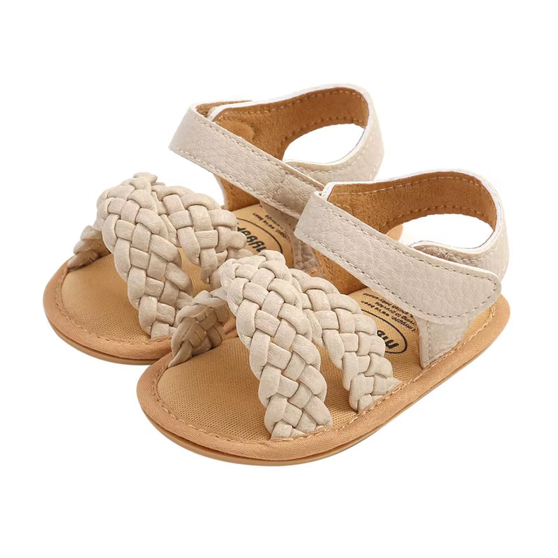2023-02-13 Lioraitiin 0-18M Infant Girls Braided Sandals Solid Summer Soft Sole Open-Toed Walking Shoes
