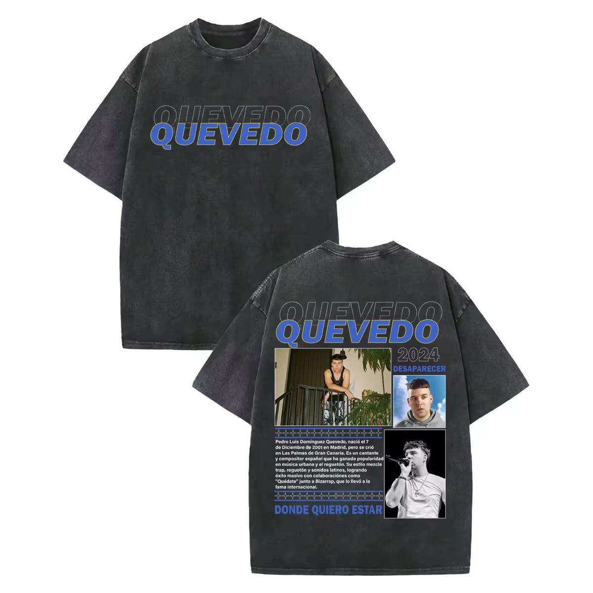 Vintage Washed Rapper Quevedo Album Merch T Shirt Fashion Hip Hop Short Sleeve T-Shirts Men Women Casual Loose Cotton T-Shirt