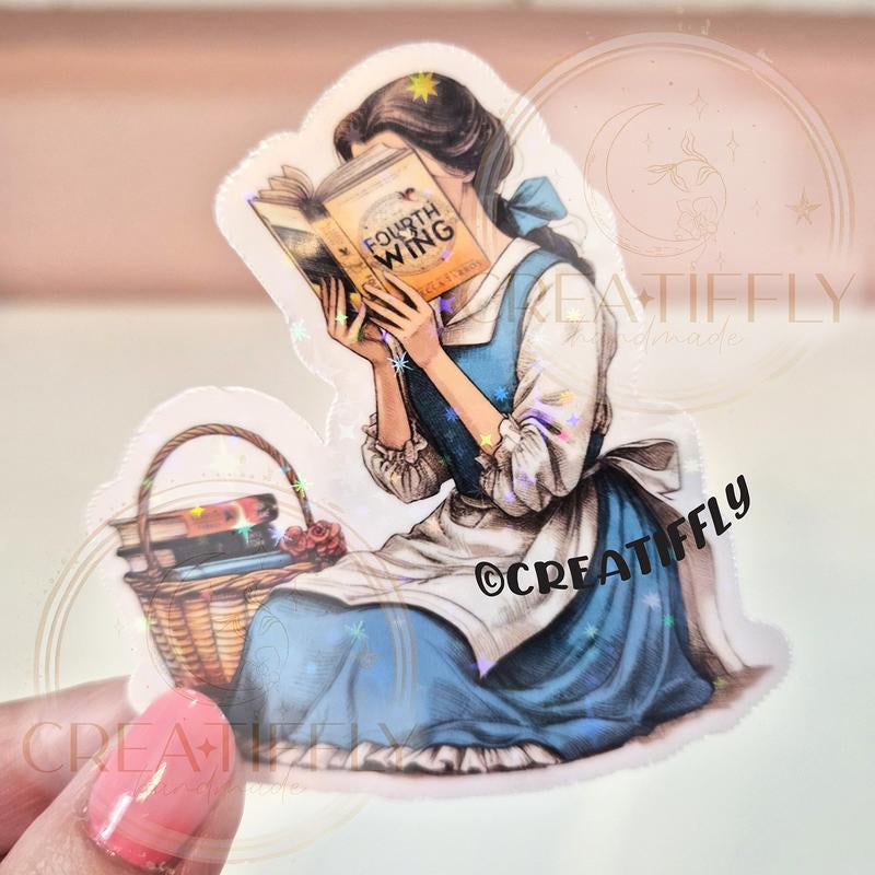 Wing Leader Maiden Book Reading Sticker - Waterproof Glitter or Glossy Stickers 2.75" Size Customizable for Kindle, Book, or Tablet