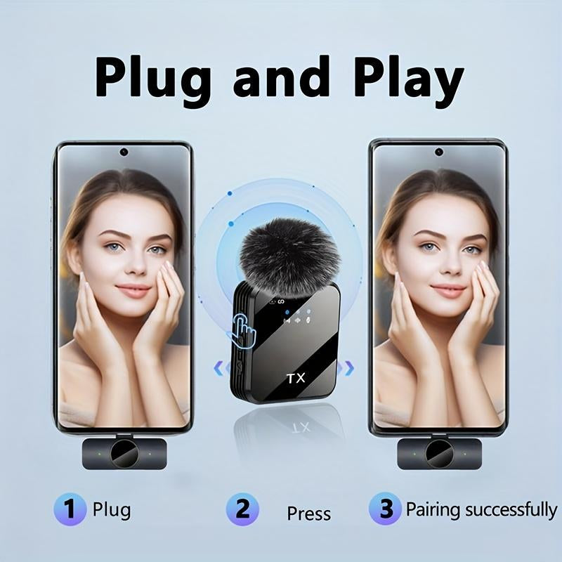 Professional Wireless Lavalier Microphone with Intelligent Noise Reduction 360° Omnidirectional Condenser Windscreen for Recording Live Streaming Podcasting Bluetooth Android
