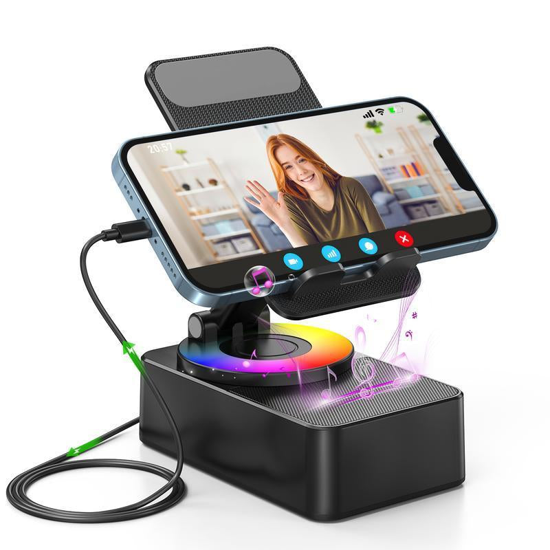 Wireless Audio Bluetooth Speaker 5In1 Phone Holder Emergency Rechargeable Withcolorful Ambient Light 300° Foldable for Tablet Iphone Android, Gifts for Men Women ,Black