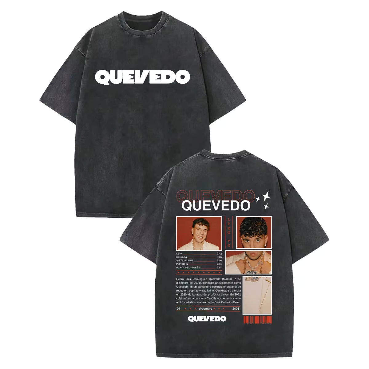 Vintage Washed Rapper Quevedo Album Merch T Shirt Fashion Hip Hop Short Sleeve T-Shirts Men Women Casual Loose Cotton T-Shirt