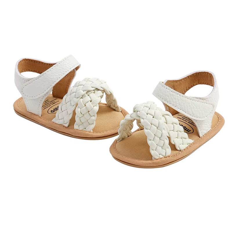 2023-02-13 Lioraitiin 0-18M Infant Girls Braided Sandals Solid Summer Soft Sole Open-Toed Walking Shoes