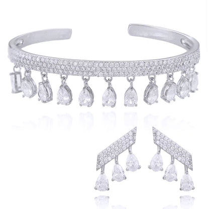 Korea Arabia Bangle Earring Set Jewelry Set for Women Wedding Trendy Cubic Zircon Crystal CZ Aretes De Mujer Modernos 2019