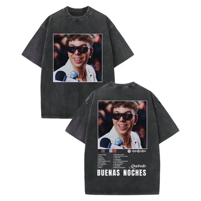 Vintage Washed Rapper Quevedo Album Merch T Shirt Fashion Hip Hop Short Sleeve T-Shirts Men Women Casual Loose Cotton T-Shirt